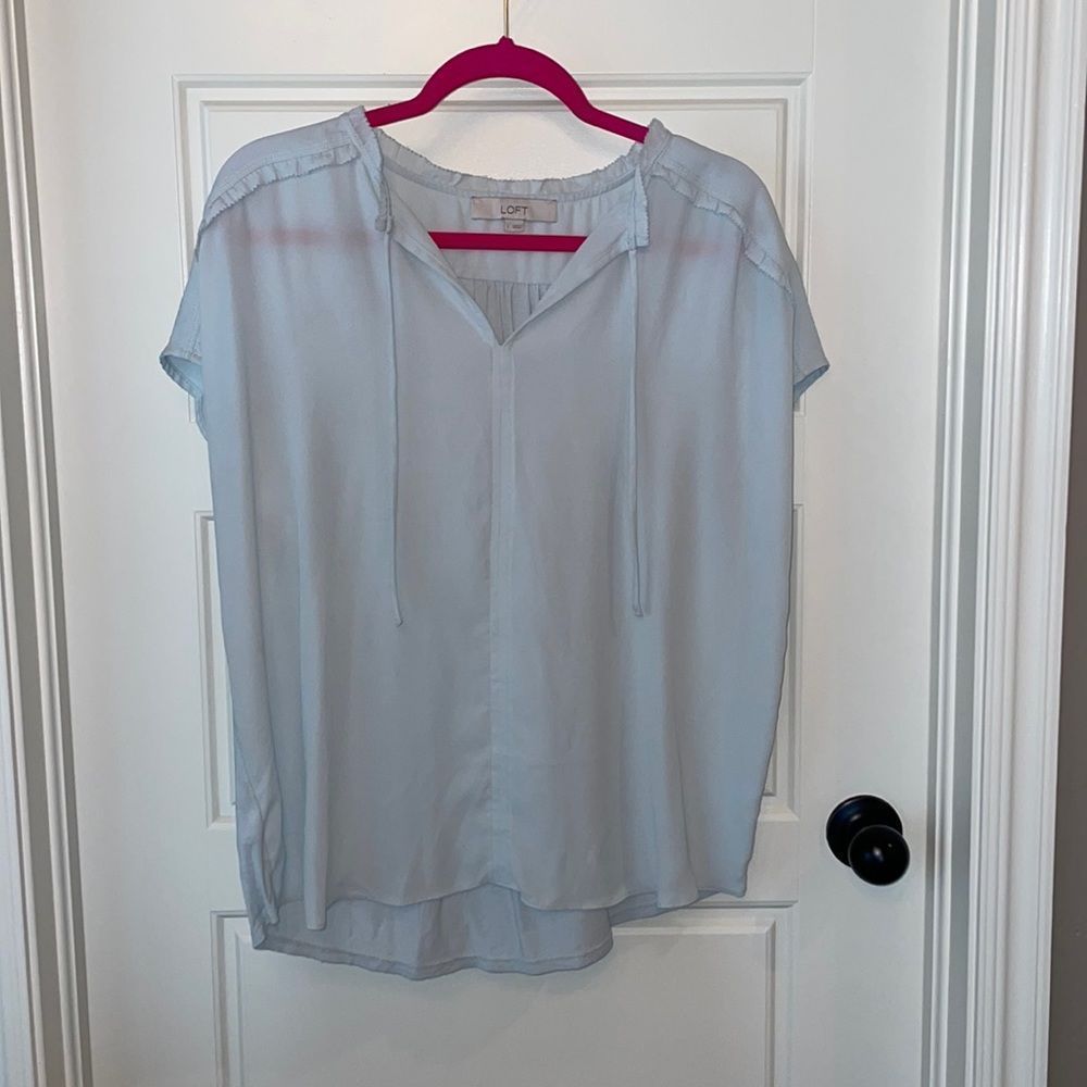 LOFT Mixed Media Baby Blue Short Sleeve Blouse